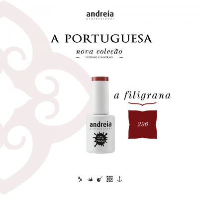 Frasco branco com tampa vermelha de verniz gel Andreia Professional A Portuguesa cor 296