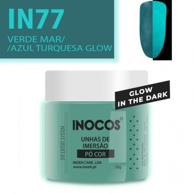 Frasco de pó para unhas Inocos verde mar e azul turquesa glow com selo brilho no escuro.