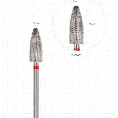 Broca metálica para unhas com dimensões 6mm x 15mm e texto 2 WAY em vermelho