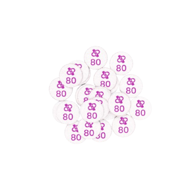 Comprimidos brancos redondos com o número 80 em roxo