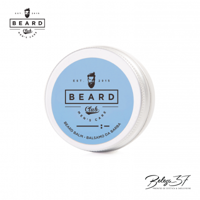 Pote branco com tampa azul de bálsamo para barba Beard Club