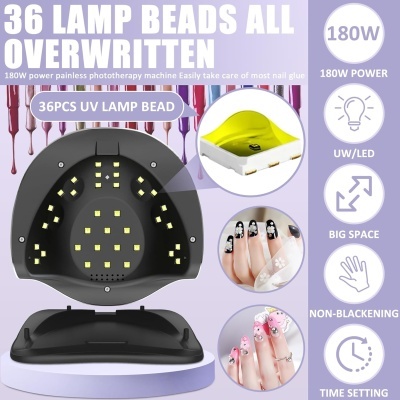 Lâmpada UV/LED para manicure preta com 36 LEDs, funções exibidas e imagens de unhas decoradas