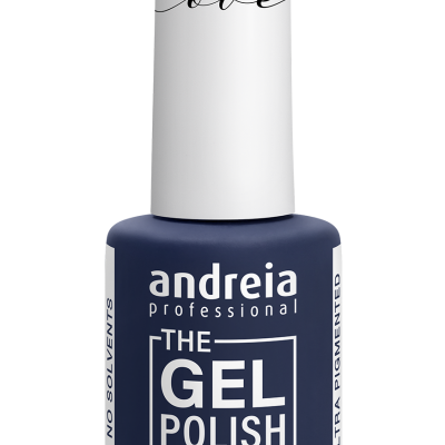 Frasco de verniz gel azul escuro com tampa branca e texto promocional