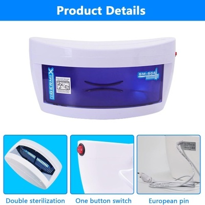 Dispositivo de esterilização branco com painel azul e botão vermelho