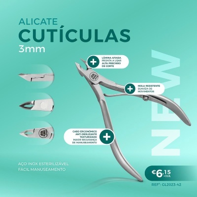 Alicate para cutículas em aço inox sobre fundo verde água com texto explicativo e preço.