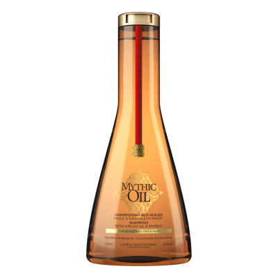frasco de shampoo Mythic Oil âmbar com tampa dourada