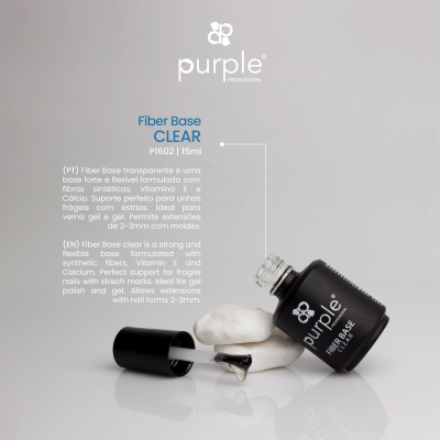 Frasco preto de verniz Purple Professional Fiber Base Clear com pincel e pedras brancas