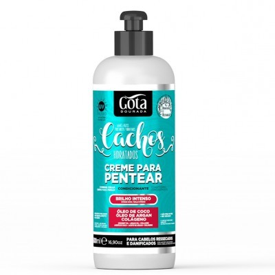 Creme para pentear Gota Dourada com óleo de coco e argan embalagem azul-turquesa