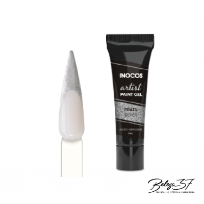 Gel de pintura para unhas Inocos Artist Paint Gel prata em tubo preto com amostra da cor