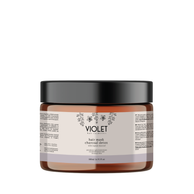 Máscara capilar VIOLET Hair Mask Charcoal Detox embalagem castanha com rótulo branco