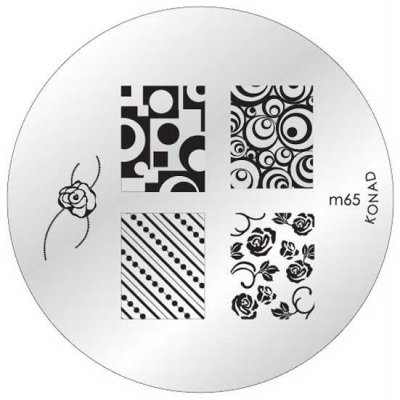 Disco metálico redondo com padrões de carimbos em preto e texto m65 KONAD