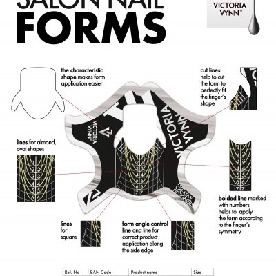 Formas de unhas pretas Victoria Vynn com linhas de aplicação e texto explicativo