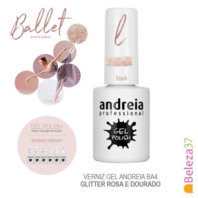 Frasco de verniz gel branco Andreia Professional com glitter rosa e dourado, imagem de bailarina e texto Ballet limited edition.