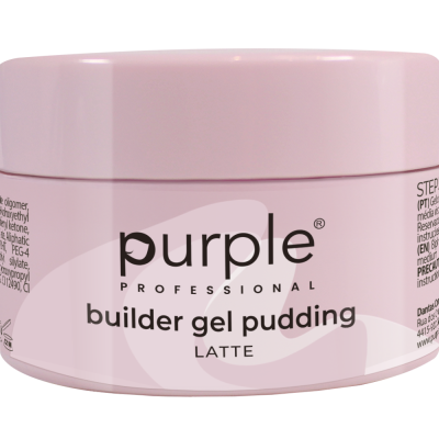 Frasco rosa claro de gel para unhas com texto purple PROFESSIONAL builder gel pudding LATTE