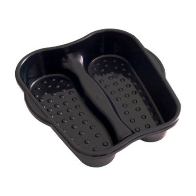 Tabuleiro preto de plástico com divisória central e textura de pontos interior