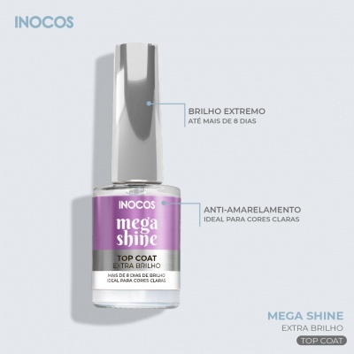 Frasco de verniz Inocos Mega Shine Top Coat Extra Brilho com rótulo lilás e branco