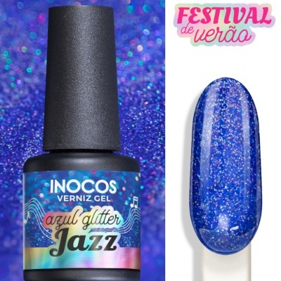 Verniz gel azul glitter Inocos Jazz com amostra da cor