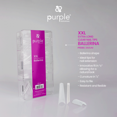 Embalaigem transparente com pontas de unhas claras XXL formato Ballerina e rótulo roxo