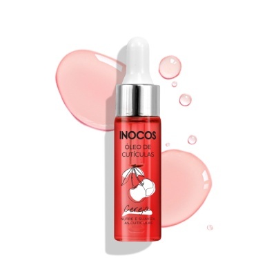 Frasco de óleo para cutículas vermelho com conta-gotas e texto INOCOS