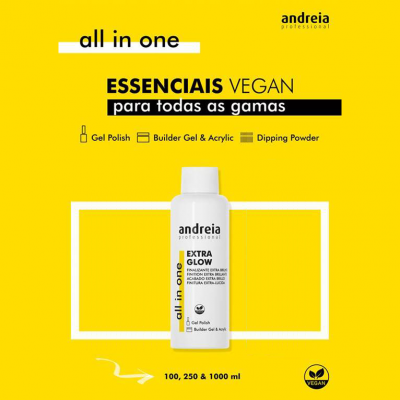 Frasco branco do produto Andreia Professional Extra Glow All In One em fundo amarelo com texto explicativo