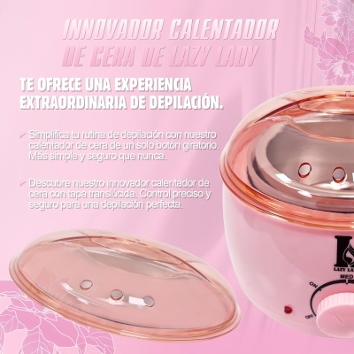 Aquecer de cera branco com tampa translúcida rosa e texto em espanhol em fundo rosa
