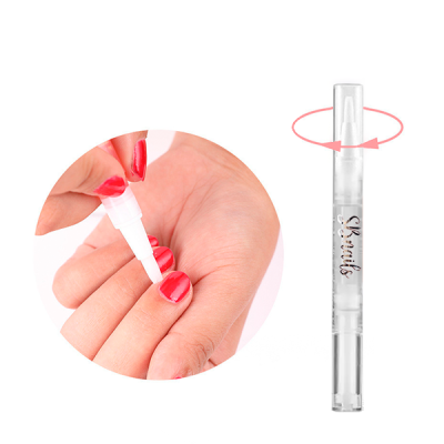 Caneta aplicadora de produto para unhas com corpo transparente e tampa translúcida