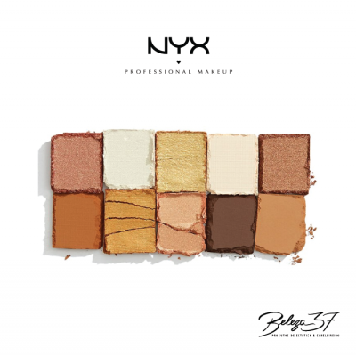 Paleta de sombras NYX em tons castanhos e dourados com texturas cintilantes e mate