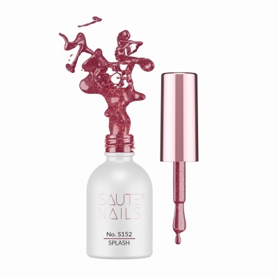 Pote branco de verniz de unhas rosa com brilho, pincel com tampa rosa metalizada aberto