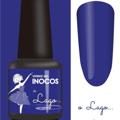 Frasco de verniz gel azul INOCOS com ilustração de bailarina e amostra do verniz