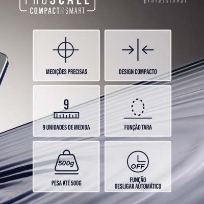 Imagem promocional da balança digital PRO SCALE da marca andreia professional com funcionalidades assinaladas.