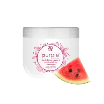 Frasco de creme esfoliante Purple com fatia de melancia