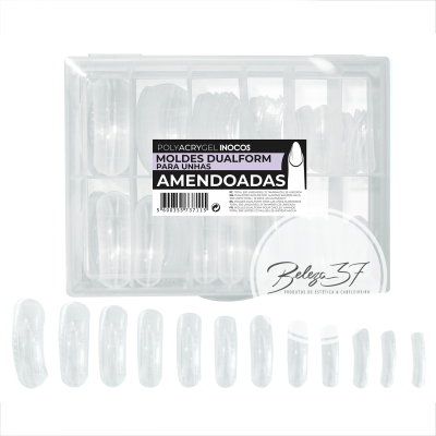Moldes de unhas amendoadas transparentes em caixa plástica com etiquetas