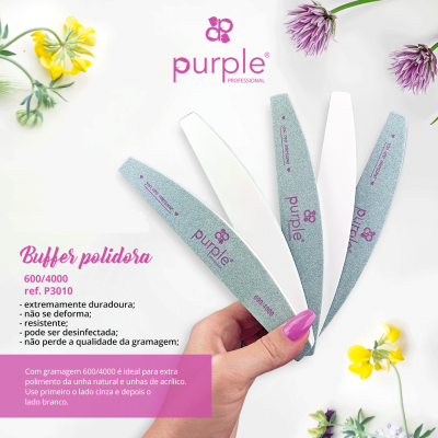 Flux de polidor de unhas Purple Professional cinza e branco com texto roxo, segurado por mão feminina com unhas rosas, flores coloridas num fundo branco.