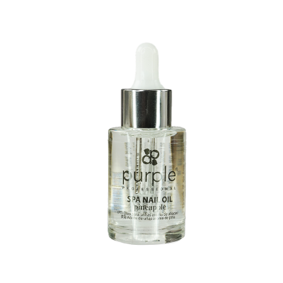 frasco de óleo para unhas transparente com tampa prateada e conta-gotas branco