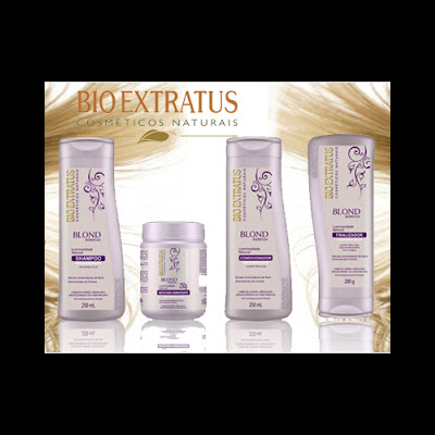 Produtos Bio Extratus Blond cosméticos naturais em embalagens brancas e roxas
