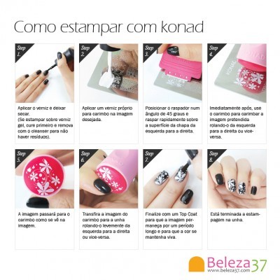 Passos para estampar unhas com carimbo Konad, mostrando ferramentas e unhas pretas estampadas.