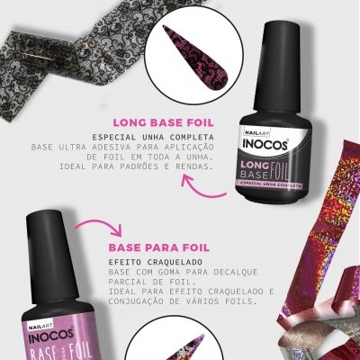 Bases para foil INOCOS com garrafas de verniz gel para unhas e exemplos de decoração com foil