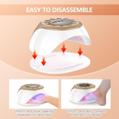Aparelho para tratamento de unhas branco e dourado com luzes LED e texto 'EASY TO DISASSEMBLE'.