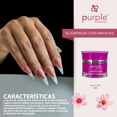 Mão com unhas em gel rosa nude e frasco de gel Purple Professional cover dark rouge