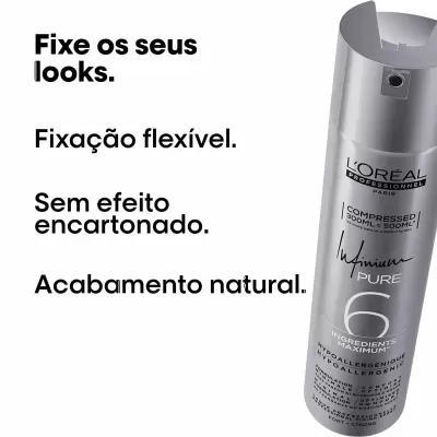 Spray de cabelo prateado L'Oréal Professionnel Infinium Pure com texto em português