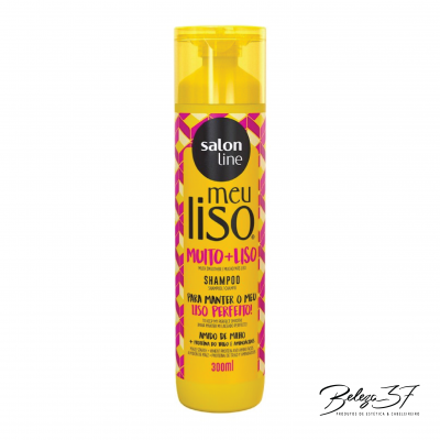 Frasco amarelo de shampoo Salon Line Meu Liso Muito + Liso com tampa de bomba