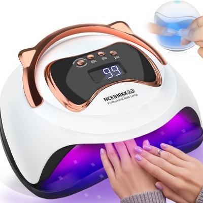 Máquina profissional de secagem de unhas UV LED branca com visor digital e detalhes em rosa dourado