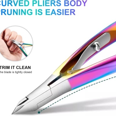 Alicate curvo para poda com corpo colorido metálico e texto em inglês