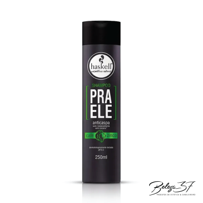 Frasco preto de champô anticaspas Haskell PRA ELE de 250 ml com texto em branco e verde