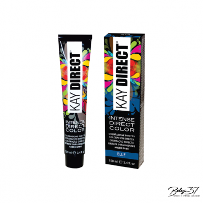 Tubo e embalagem de corante para cabelo Kay Direct azul com design vibrante