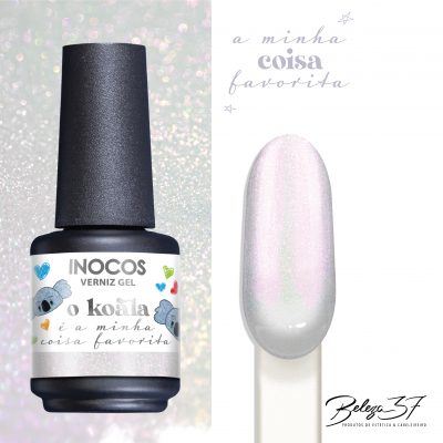 Frasco de verniz gel Inocos com rótulo de coalas e amostra de cor perolada rosada