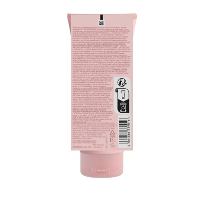 Parte traseira de tubo plástico cor-de-rosa com texto impresso e código de barras