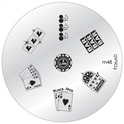 Placa metálica redonda com desenhos de jogos de casino em preto