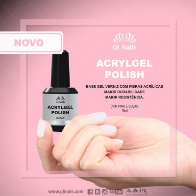 Verniz ACRYLGEL POLISH Clear da GL Nails em embalagem preta segurada por mão com unhas feitas em fundo rosa