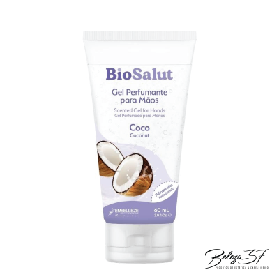 Frasco branco de gel perfumante para mãos BioSalut com imagem de coco e texto em azul